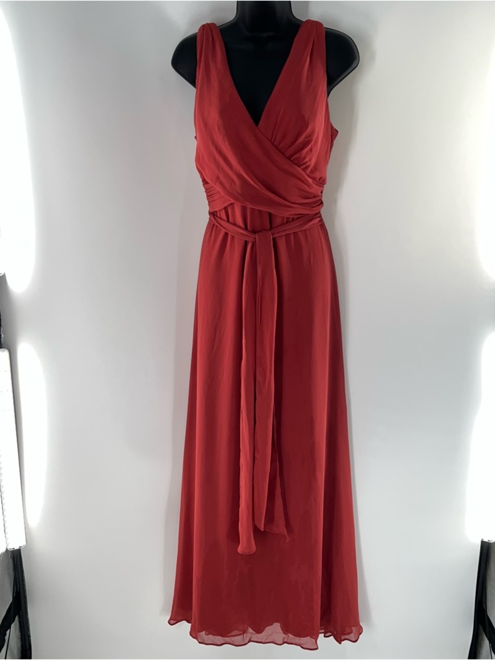 Thread Bridesmaid TH012 Orange-Red V-Neck Maxi Evening Dress w/Self Belt-Sz 14R